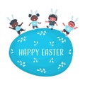Easter kids party. Cute children dance on Blue Easter egg. Diverse Group of little kids have fun