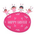 Easter kids party. Cute children dance on Pink Easter egg. Group of little kids have fun