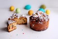 Easter Kraffin on a light background with colored, bright eggs. Cake with raisins, chocolate, nuts