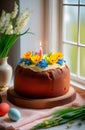 Easter kulich, decorated with flowers and lit red candle, by window. Dyed eggs. First greens on warm spring day. Russian