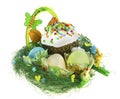 Easter kulich with painted eggs, funny chicken and bunny