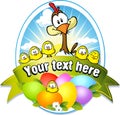 Easter label with colorful eggs, chicken and hen Royalty Free Stock Photo