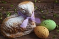 Easter lamb cake with purple ribbon, easter eggs and willow sticks Royalty Free Stock Photo