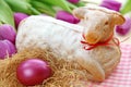 Easter lamb cake and purple tulips Royalty Free Stock Photo