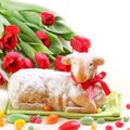 Easter lamb cake and red tulips Royalty Free Stock Photo