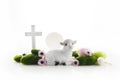Easter lamb, eggs and cross on white background. Catholic Easter background Royalty Free Stock Photo
