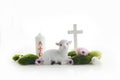 Easter lamb, eggs and cross on white background. Catholic Easter background Royalty Free Stock Photo