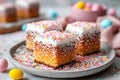 Easter lamingtons, coconut cakes on a blue background. Royalty Free Stock Photo