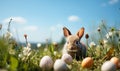 Easter landscape, bunny with colorful eggs and daisy flower on meadow under beautiful sky. Fresh green grass and spring Royalty Free Stock Photo