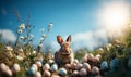 Easter landscape, bunny with colorful eggs and daisy flower on meadow under beautiful sky. Fresh green grass and spring Royalty Free Stock Photo