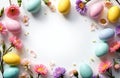Easter layout composition. Colorful eggs, fresh spring flowers frame copy space area on bright background. Festive decor, holiday Royalty Free Stock Photo