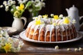 Easter lemon bundt cake, Babka sprinkled with powdered sugar on a festive table decorated with spring flowers