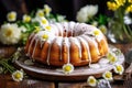 Easter lemon bundt cake, Babka sprinkled with powdered sugar on a festive table decorated with spring flowers