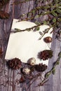 Easter letter decorated with quail eggs , gnezom , moss , feathers , pine cones and twigs of willow on wooden background
