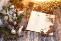 Easter letter decorated with quail eggs , gnezom , moss , feathers , pine cones and twigs of willow on wooden background