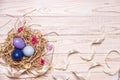 Easter light wooden background with colored eggs in a nest