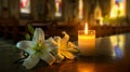 Easter Lilies and Candle in a Church Setting