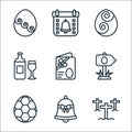 easter line icons. linear set. quality vector line set such as cross, bell, egg, location, gift card, wine, egg, calendar