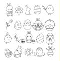 Easter linear icons. Cute bunny rabbit, eggs, chicken and other holiday symbols in kawaii style. Big collection of vector elements