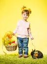 Easter little girl, kid bunny rabbit, basket eggs