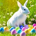 An Easter hare on a summer meadow with colored eggs