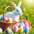 An Easter hare on a summer meadow with colored eggs