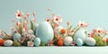 Easter banner with eggs, flowers and place for text over pastel green background Royalty Free Stock Photo