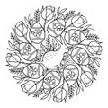 Easter mandala coloring pages with rabbit and flowers.