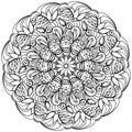 Easter mandala with patterned eggs, flowers and ornate swirls, meditative coloring page for the holiday