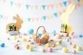 Easter. Many colorful Easter eggs with bunnies and baskets. Easter decoration of the room, children`s room for games Royalty Free Stock Photo