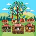 Easter Market poster, Holiday City Spring Fair. Easter Tree wooden stalls decorated flowers, colored Easter eggs, bunny