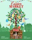 Easter Market poster, Holiday City Spring Fair. Easter Tree wooden stall decorated flowers, colored Easter eggs, bunny