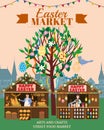 Easter Market poster, Holiday City Spring Fair. Easter Tree wooden stalls decorated flowers, colored Easter eggs, bunny