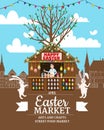 Easter Market poster, Holiday City Spring Fair, wooden stall decorated flowers, colored Easter eggs. Europe architecture