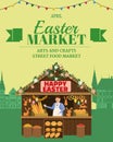 Easter Market poster, Holiday City Spring Fair, wooden stall decorated flowers, Seller, bakery, pastry, bread, bunny