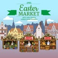 Easter Market poster, Holiday City Spring Fair, wooden stalls decorated flowers, colored Easter eggs, bunny, baking