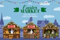 Easter Market poster, wooden stall decorated flowers, colored Easter eggs, pastry, bakery, flowers. Holiday City Spring
