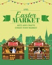 Easter Market poster, wooden stall decorated flowers, colored Easter eggs, Sellers, bakery, pastry, bread, bunny