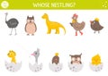 Easter matching activity for children with birds and eggs. Fun spring puzzle with cute hatching nestlings and their moms Holiday