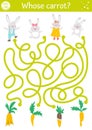 Easter maze for children with bunny family and carrots. Holiday preschool printable educational activity with rabbits and