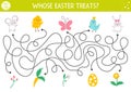 Easter maze for children with cute animals and presents. Holiday preschool printable educational activity with chicken mouse