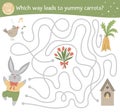 Easter maze for children. Preschool spring holiday activity. Funny puzzle game with cute bunny, carrots, tulips, bird. Which way