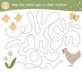 Easter maze for children. Preschool spring holiday activity. Funny puzzle game with cute hen, chickens, dandelion, butterfly. Help