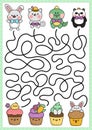 Easter maze for kids. Spring holiday preschool printable activity with kawaii animals and cupcakes with eggs, carrot, bunny, chick