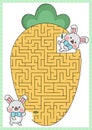 Easter maze for kids. Spring holiday preschool printable activity with kawaii bunny eating big carrot. Geometrical labyrinth game