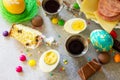 Easter meal Breakfast. Easter cake, painted eggs, red wine Cahors and delicious delicatessen Royalty Free Stock Photo