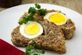 Easter meal, meatloaf bread with boiled eggs inside Royalty Free Stock Photo