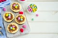 Easter mini brownie cheesecake Bird`s Nest with chocolate and candy eggs. Easter dessert. Funny food idea for children.