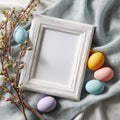 Easter Mockup: White Frame with Pastel Eggs and Spring Branches Royalty Free Stock Photo