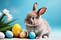 Easter Monday day celebration. A lovely bunny sitting next to a pile of colorful eggs Royalty Free Stock Photo
